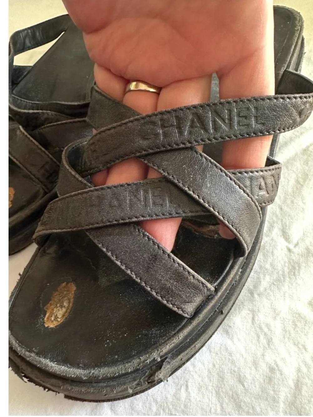 VINTAGE 1990s CHANEL DEBOSSED LOGO PLATFORM SANDALS CROSSOVER STRAPS BLACK 38
